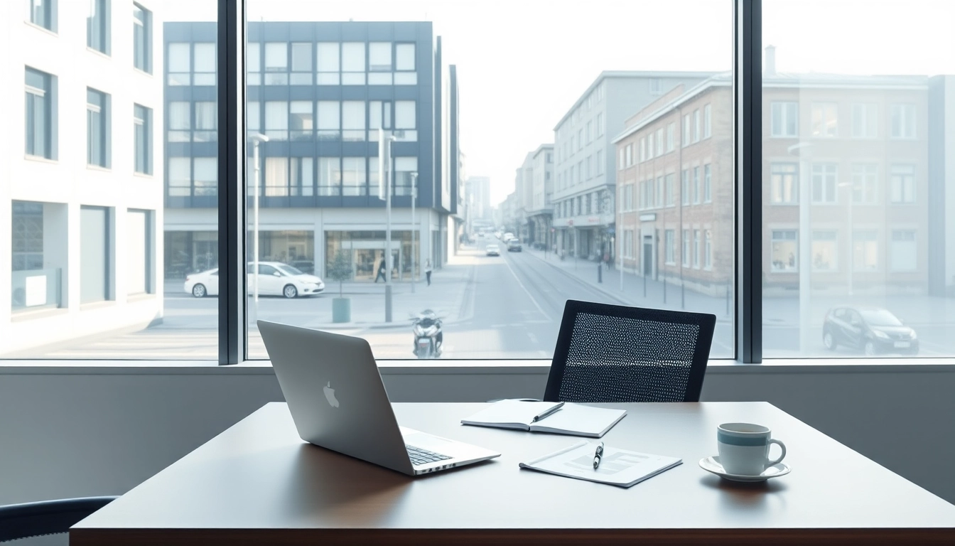 Professionelles Büro eines Headhunter Monchengladbach mit Laptop und Stadtblick.