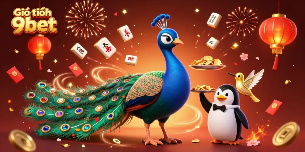 Experience the vibrant world of Giới thiệu 9bet with a dazzling 3D casino illustration featuring festive characters and game elements.