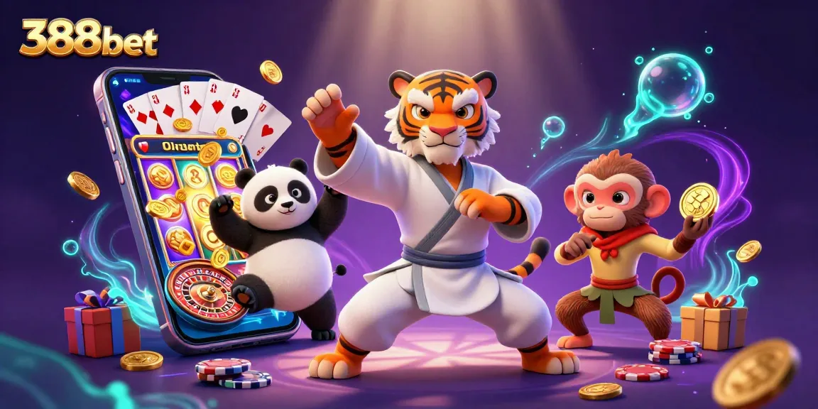 Engage with 388bet's thrilling casino world, featuring a kung fu tiger and gaming elements.