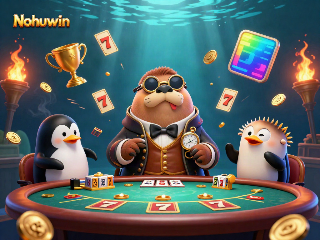 Nohuwin showcases a vibrant underwater poker scene featuring a walrus, penguin dealer, and bluffing pufferfish.