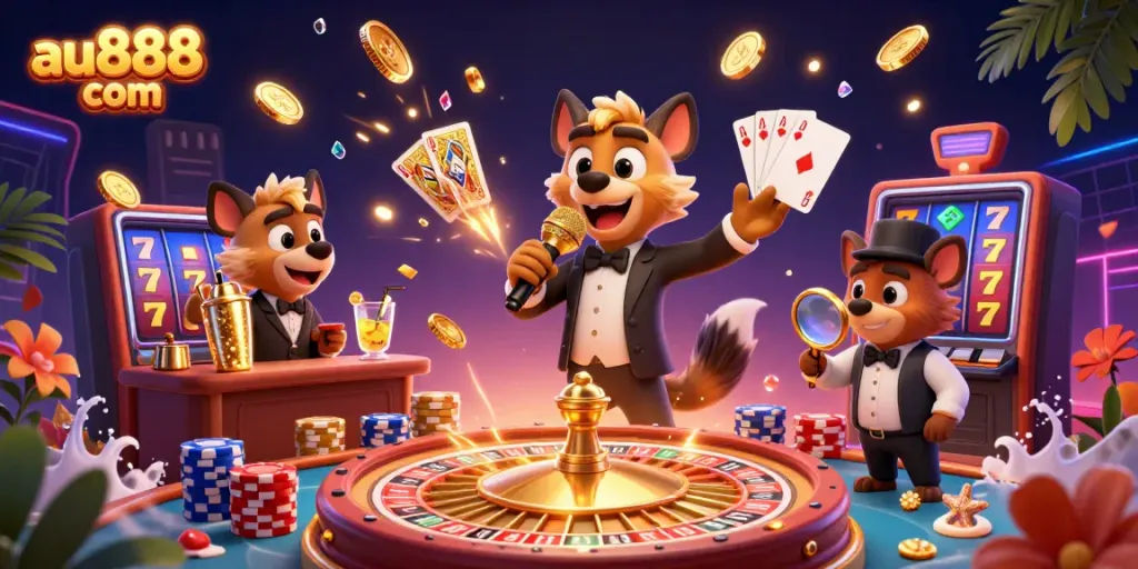 Join the fun at au888 com with cartoon hyenas in a vibrant casino scene mixing drinks and telling jokes.