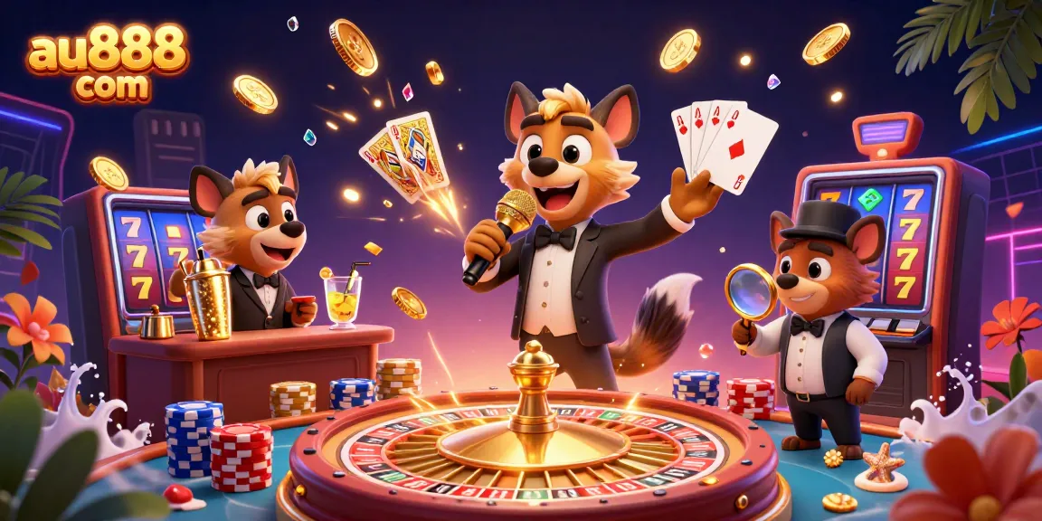 Join the fun at au888 com with cartoon hyenas in a vibrant casino scene mixing drinks and telling jokes.