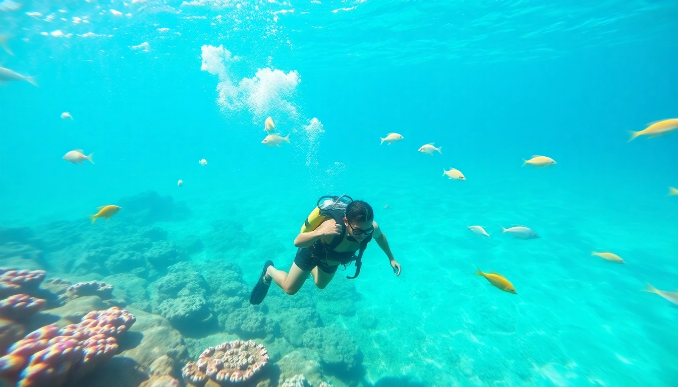 Tauchschüler mit Ausrüstung im klaren Wasser beim Tauchen lernen Mexiko, umgeben von bunten Fischen.