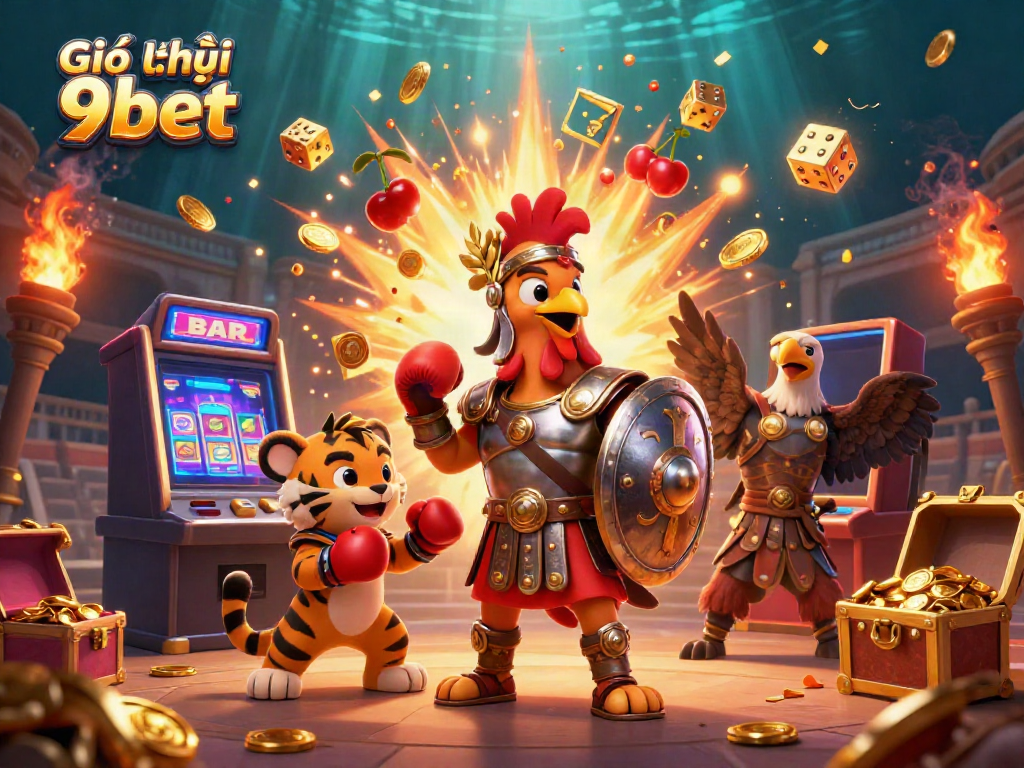 Witness the vibrant and energy-filled scene of Giới thiệu 9bet featuring a gladiator rooster, sparring tiger cub, and exciting gambling elements.
