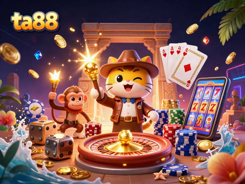 Engage in thrilling gameplay at ta88 with vibrant slot reels and treasures around a heroic cat explorer