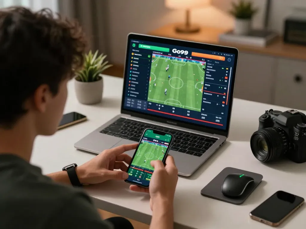 Engaged user strategizing sports bets on Go99 smartphone in a cozy home office.