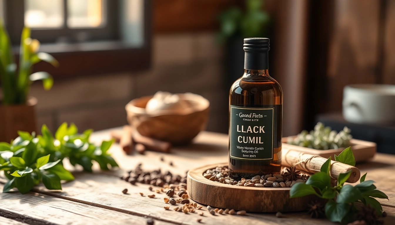 Veganes Schwarzkümmelöl neben frischen Kräutern auf einem rustikalen Holztisch.
