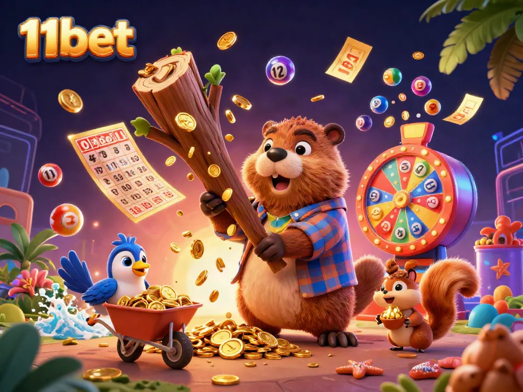 11bet illuminates a vibrant scene of the lumberjack beaver collecting golden coins and lottery elements.