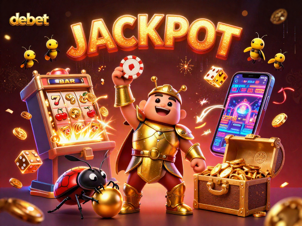 Engage with debet's thrilling slot jackpot, featuring dynamic characters and exciting casino elements.