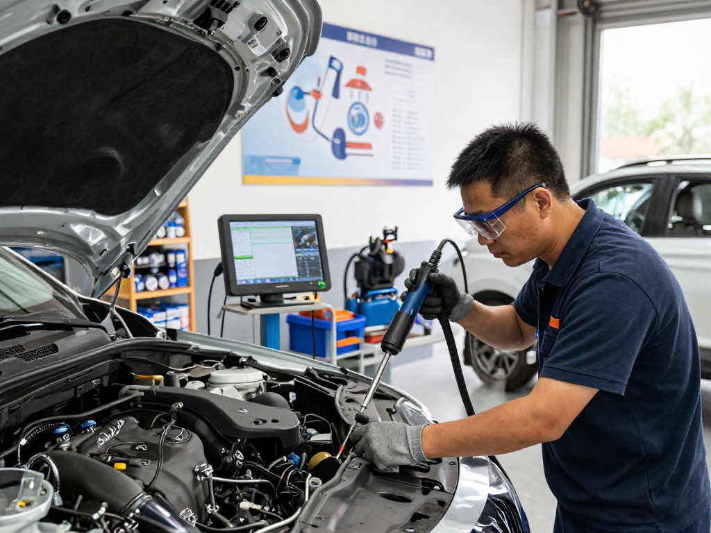 Mechaniker reinigt den DPF eines Fahrzeugs in einer modernen Werkstatt, um optimale Leistung sicherzustellen.