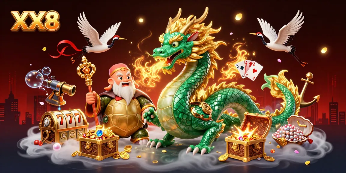 Experience the thrill of XX8 with golden dragon and lucky symbols in a stunning casino scene.