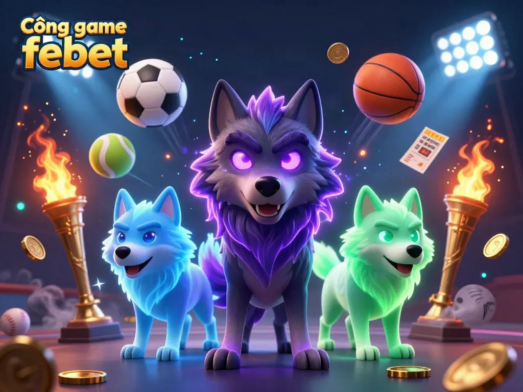 Cổng game febet showcases an exciting scene with spectral wolves and sports elements in a vibrant casino environment.