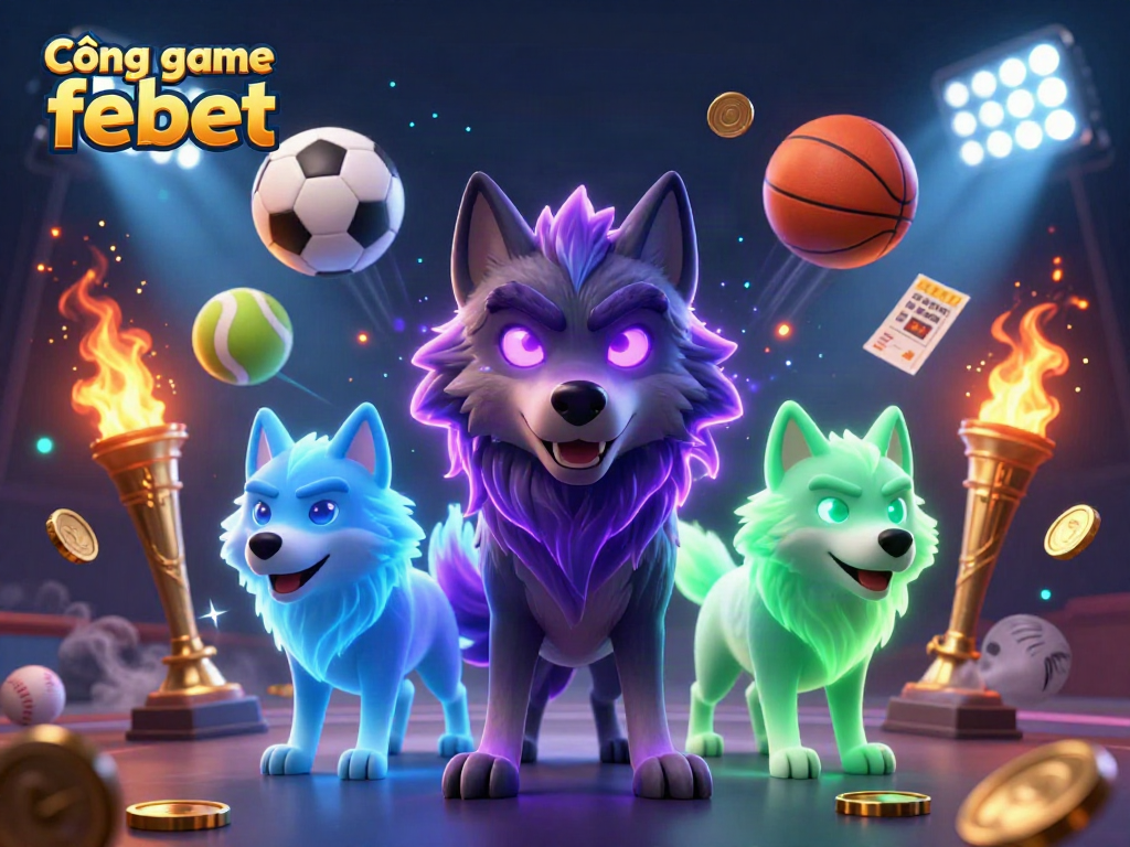 Cổng game febet showcases an exciting scene with spectral wolves and sports elements in a vibrant casino environment.