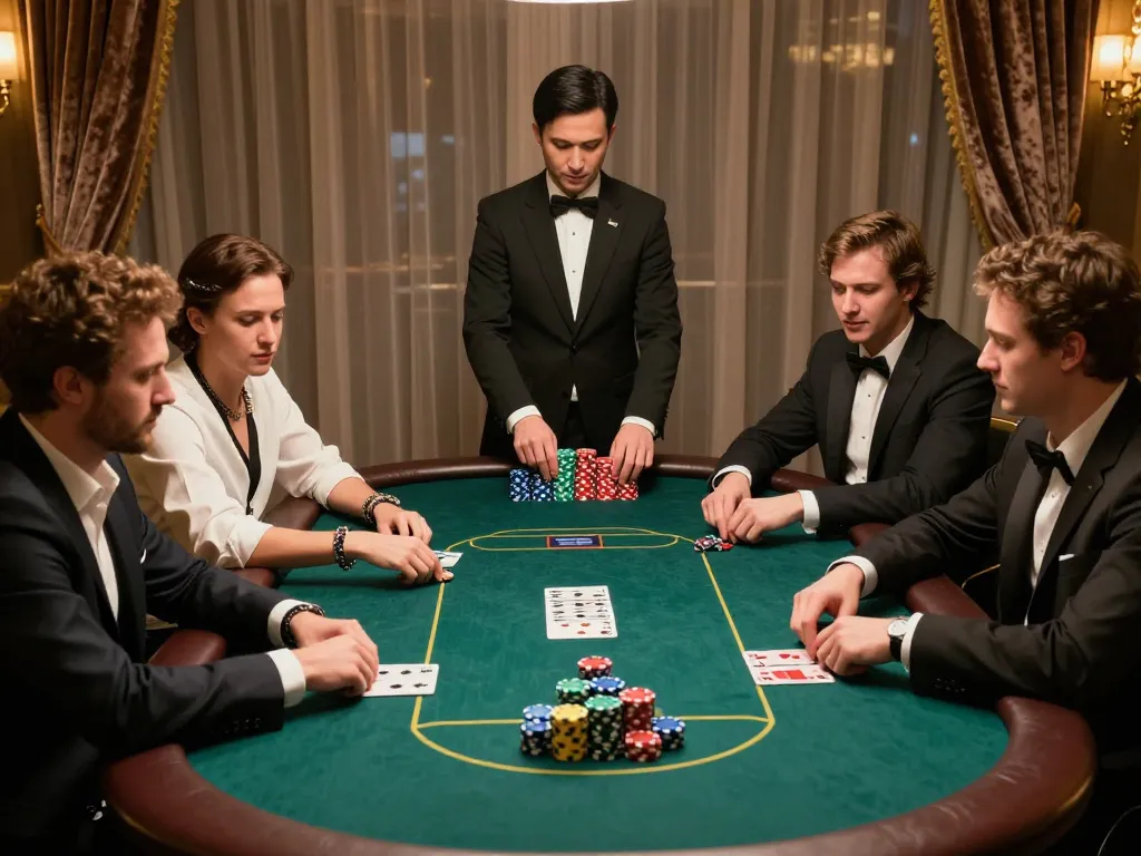 Players engage in a high-stakes poker game at RR88, showcasing strategic gameplay in an elegant casino setting.