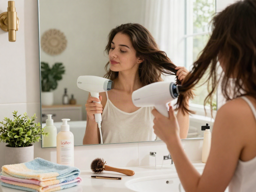 Frau stylt ihre Haare mit dem Laifen Mini-Haartrockner in einem modernen Badezimmer, umgeben von Beauty-Produkten und natürlichem Licht.