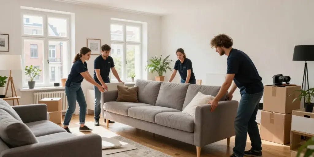 Professionelles Team bei der Entrümpelung Berlin in einer Wohnung, Sofa und Kartons werden abtransportiert.