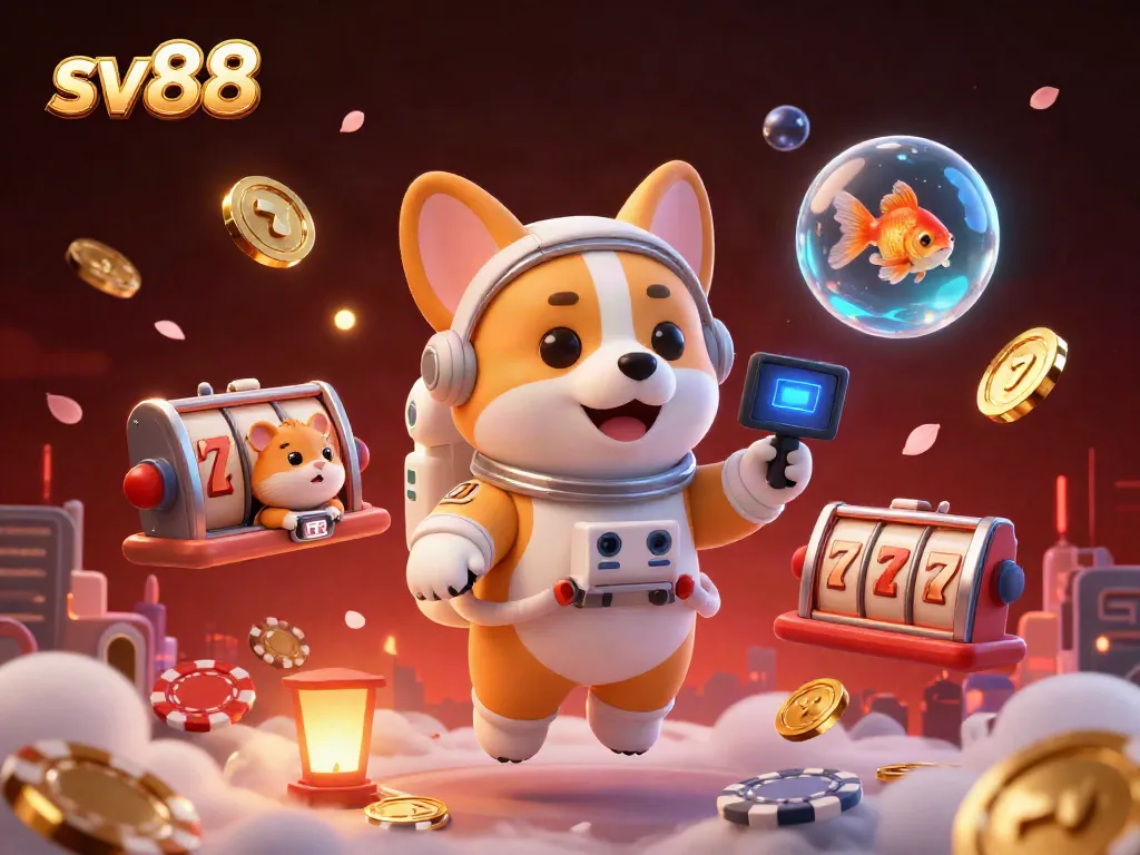 Engaging sv88 casino adventure scene with astronaut corgi in zero gravity, surrounded by floating game elements.