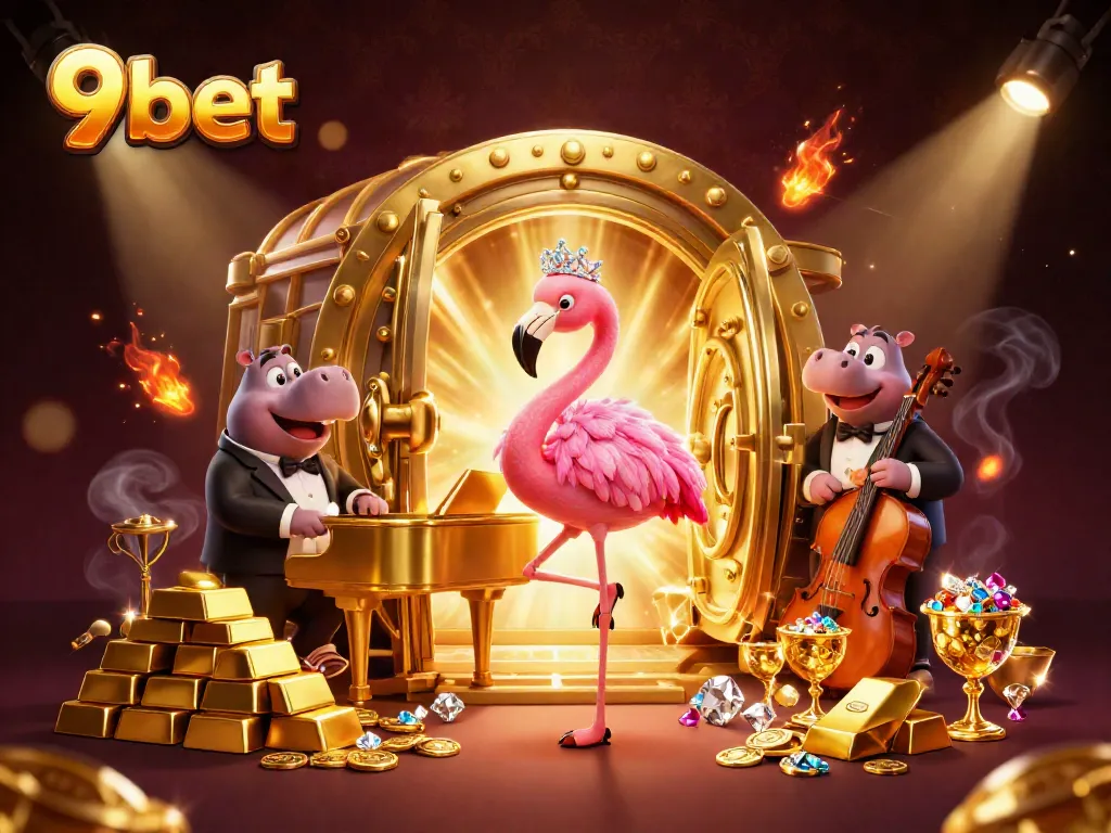 Engage with the playful ambiance of 9bet featuring a flamingo and hippo in a lively casino scene.