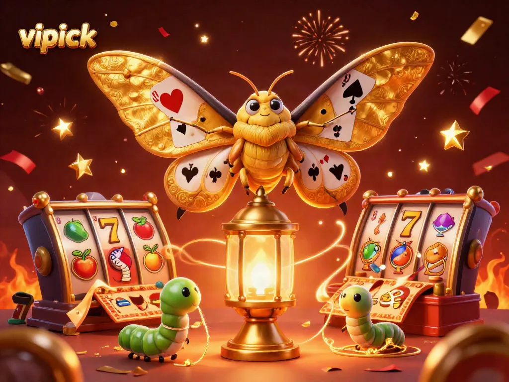 Engage with thrilling slots at vipluck, where golden moths illuminate a vibrant casino scene.