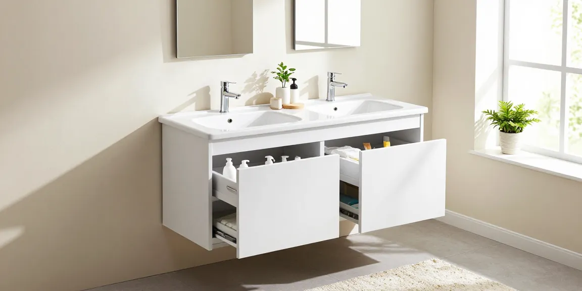 Modern bad met een stijlvolle 80 cm wastafelonderkast met dubbele wastafels en chromen kranen, verlicht door natuurlijk licht.