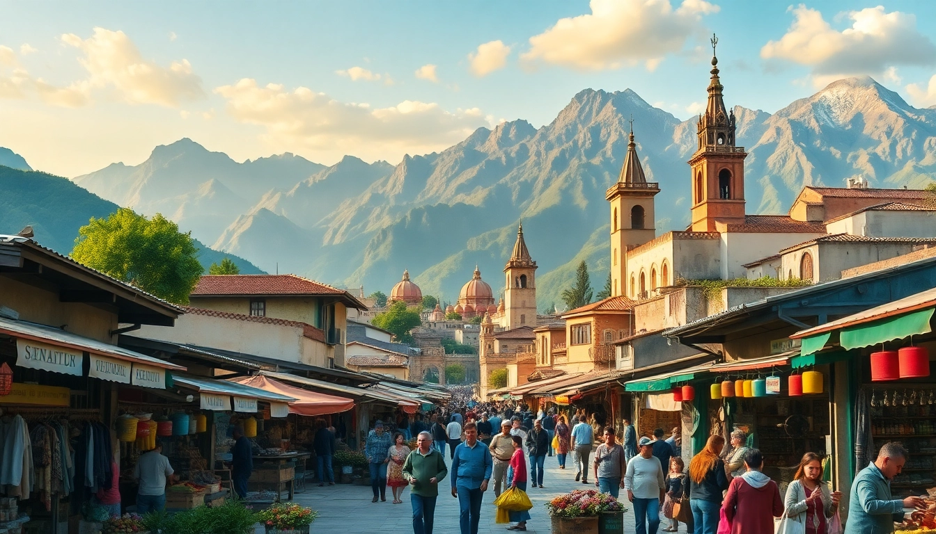 Reiseziele in malerischen Landschaften mit lebendigem Markt und historischen Wahrzeichen.