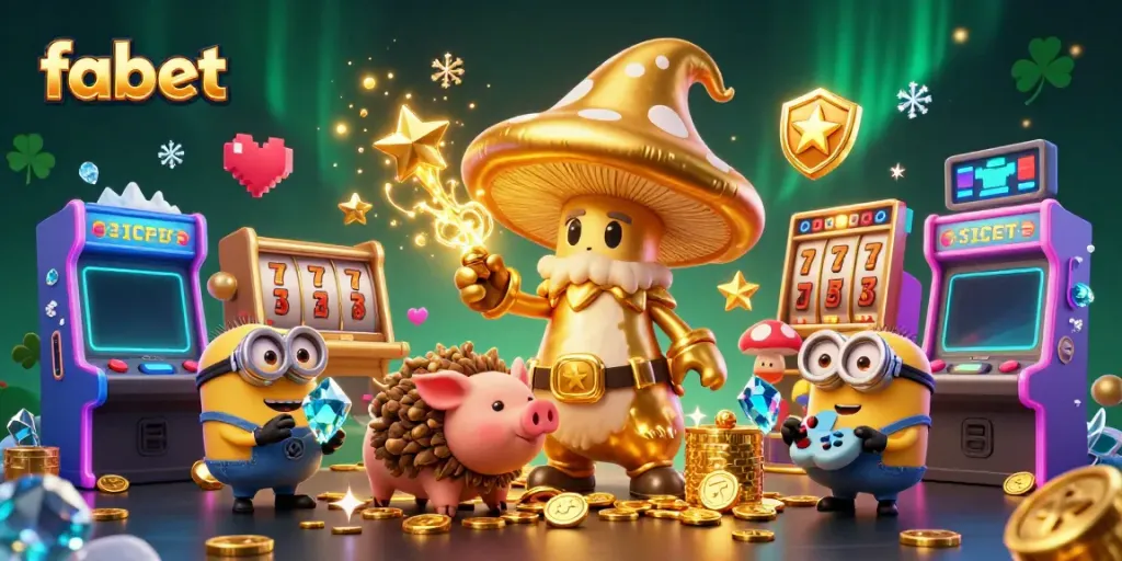 Engage in the magic of fabet with a golden mushroom wizard and treasure-hunting pig amid dazzling casino elements.