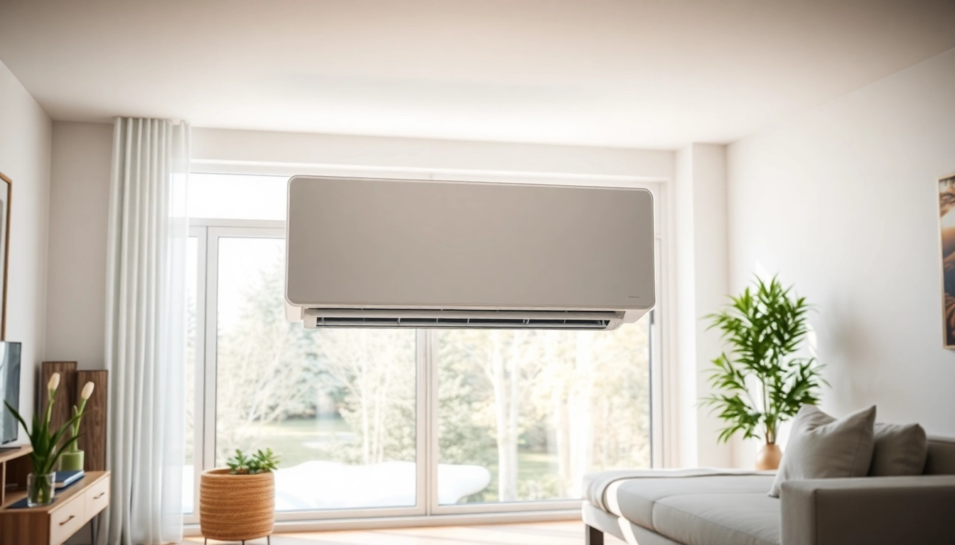 Visualisieren Sie die Klima kosten einer modernen Split-Klimaanlage in einem stilvollen Wohnzimmer mit natürlichem Licht.