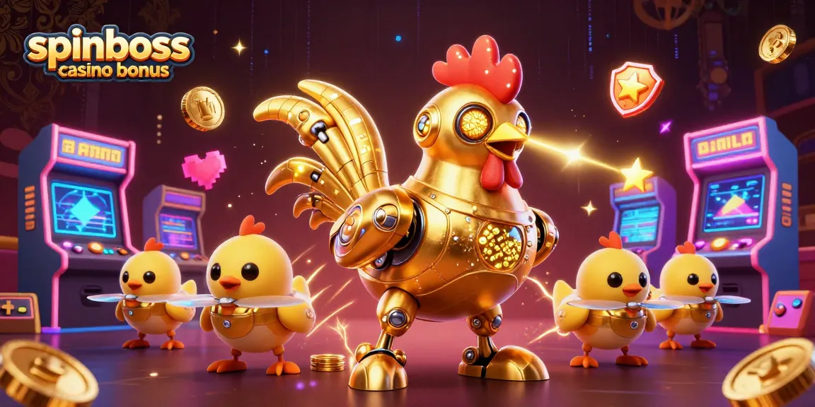 Erleben Sie den SpinBoss Casino Bonus mit einem goldenen Roboter-Hahn und bunten Spielautomaten.