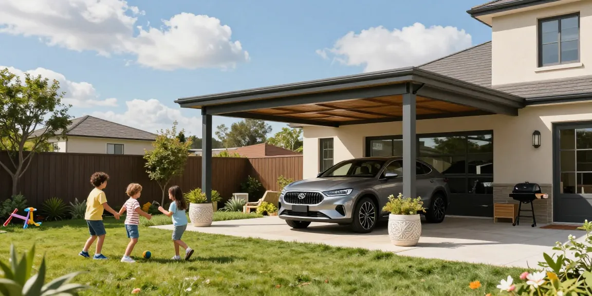 Moderner Carport mit Fahrzeug im Schatten, umgeben von schönem Garten und spielenden Kindern