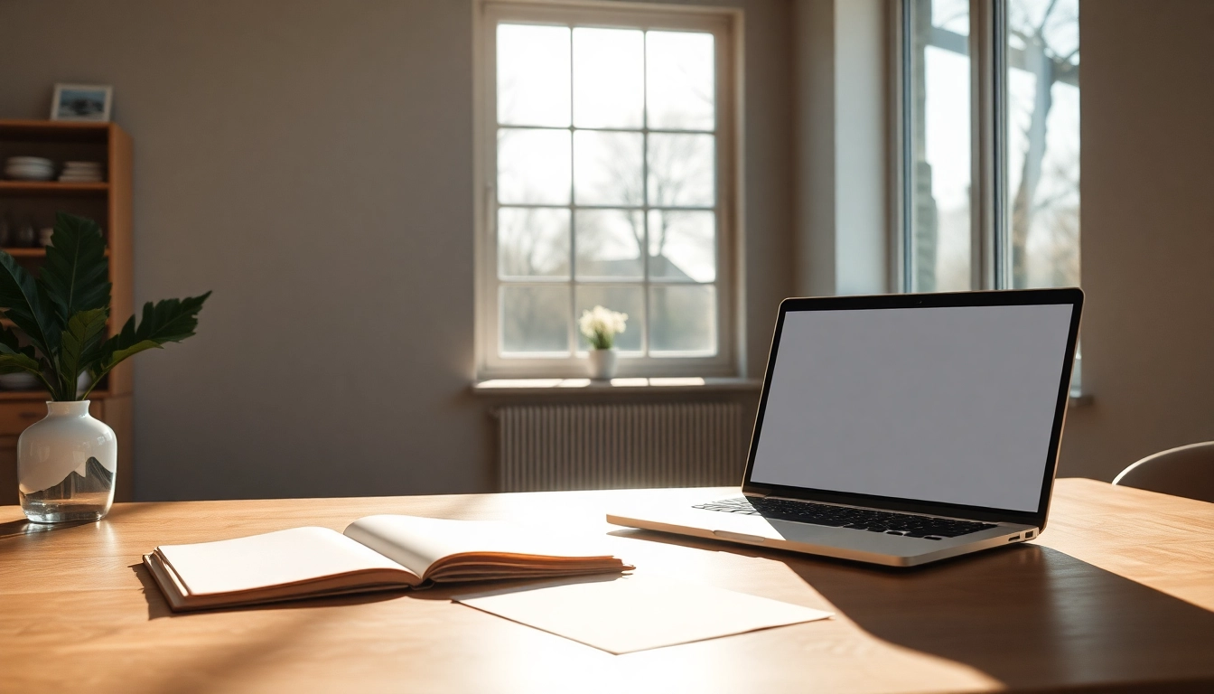 Karten gestalten Schweiz auf einem stilvollen Tisch mit hochwertigen Materialien und einem offenen Laptop.