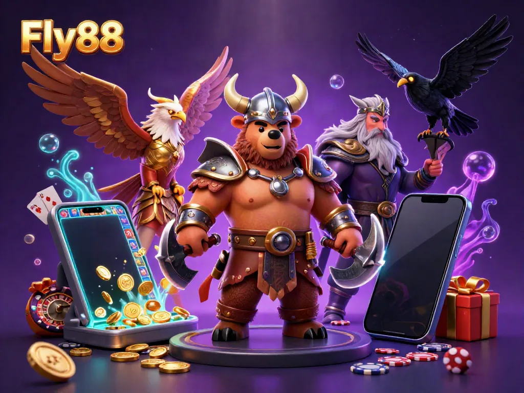 Experience the excitement at Fly88 with a vibrant 3D casino scene featuring unique characters and dynamic gaming elements.