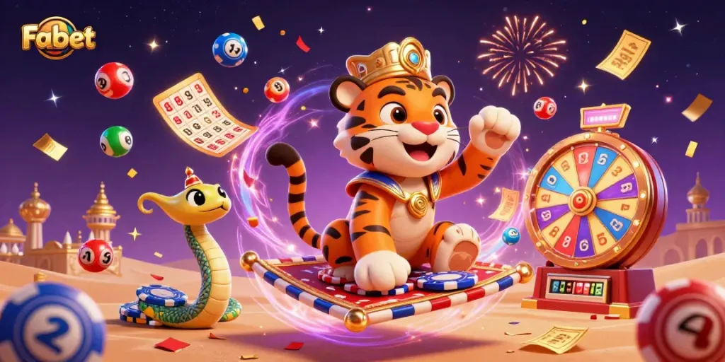 Engage in thrilling gameplay at Fabet with vibrant illustrated casino elements, capturing the essence of fun.