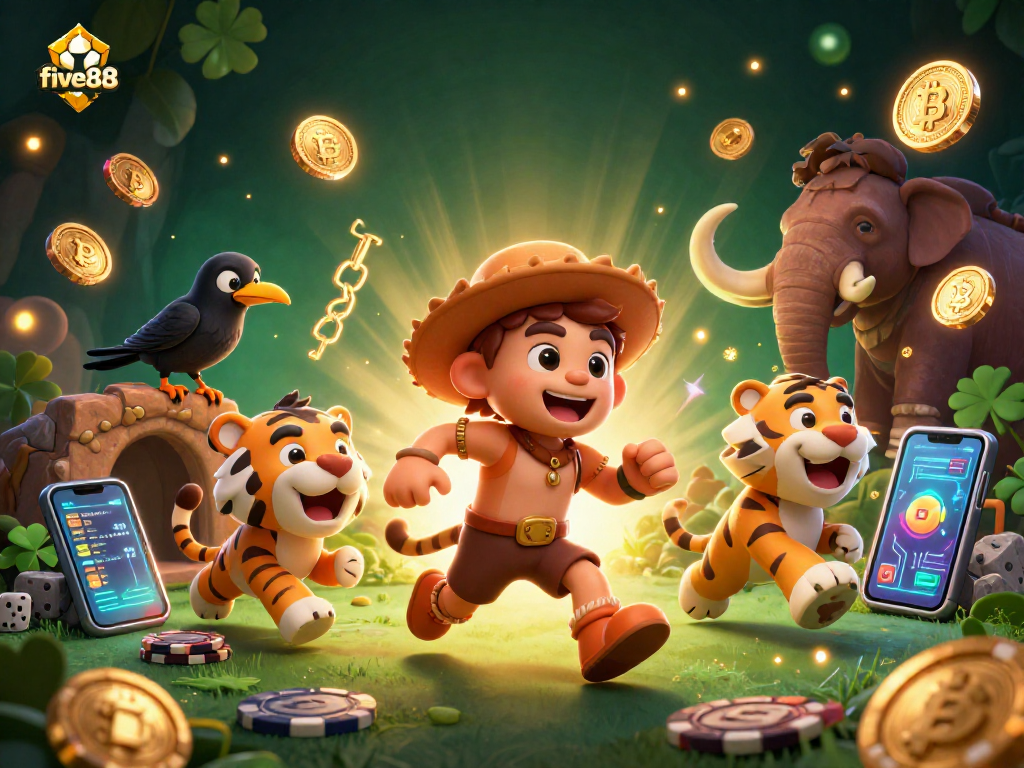 Experience thrilling gameplay at five88 with a lively casino scene featuring unique 3D characters.