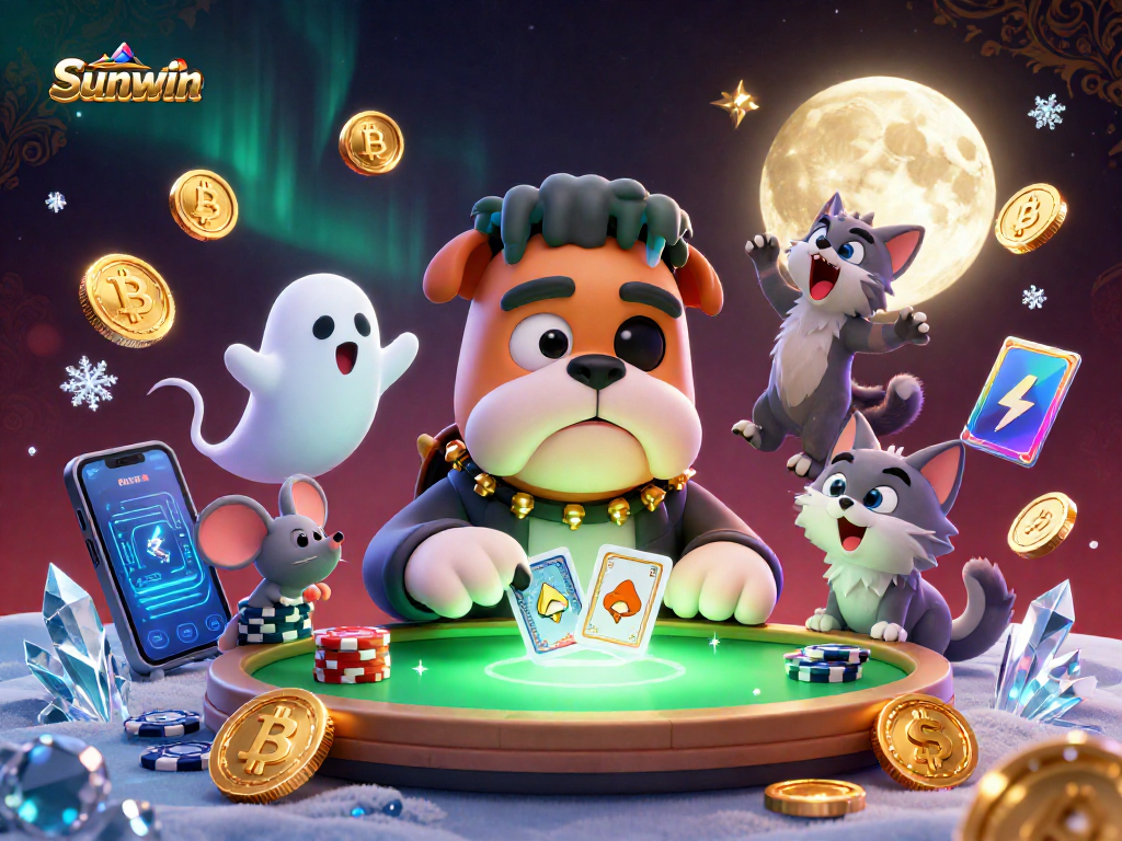 Sunwin offers an immersive gaming experience with captivating characters playing cards at a neon-lit casino.
