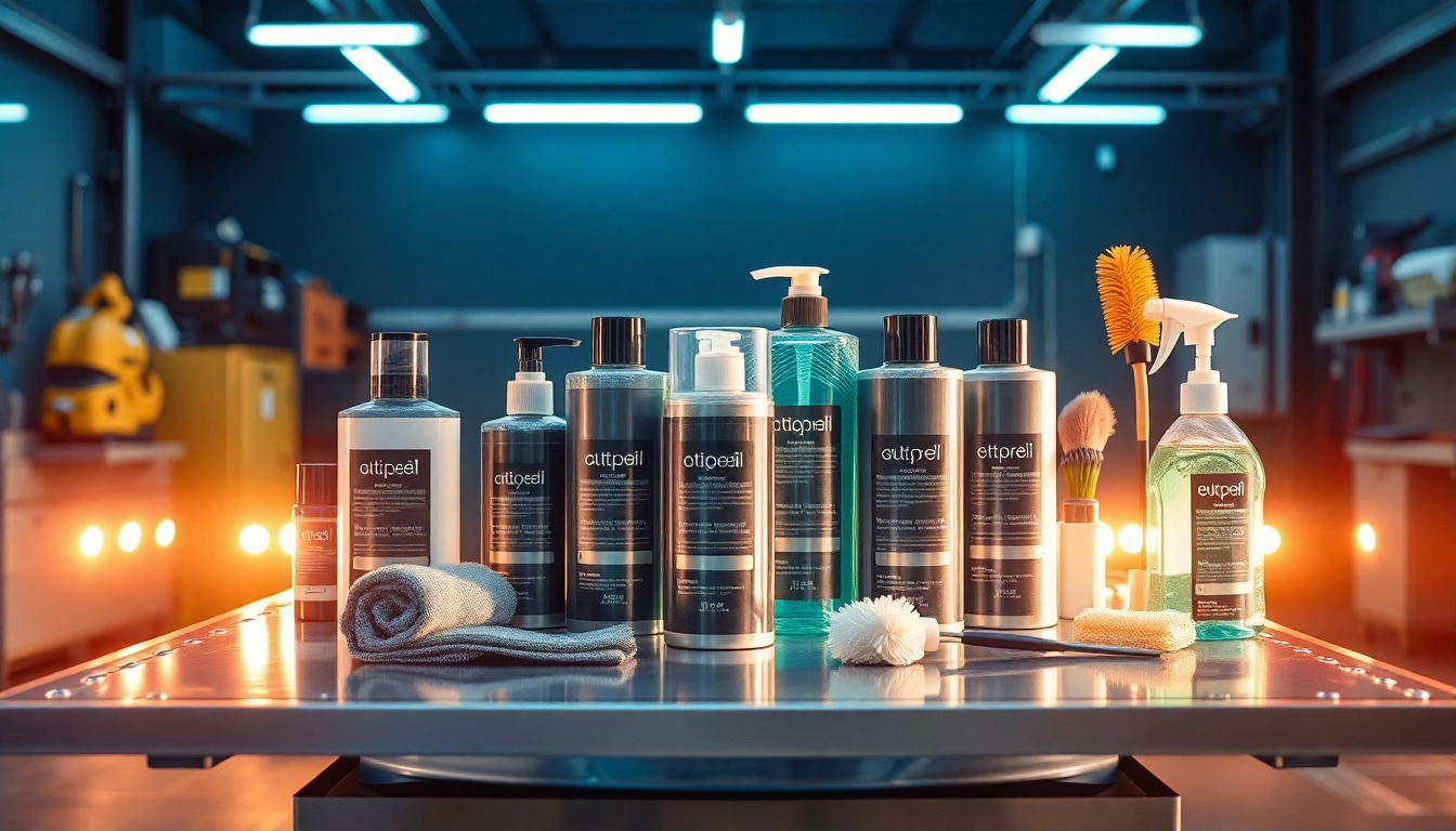 Detailing Produkte professionell angeordnet auf einer Werkstattplatte mit glänzenden Oberflächen und frischem Zubehör, das Qualität ausstrahlt.