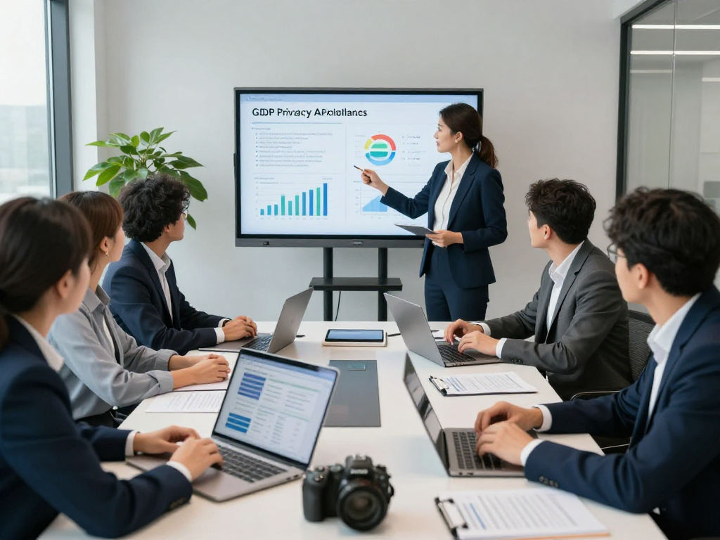 Branchenlösungen – Übersicht with consultants discussing digital accessibility and data protection strategies in an office.