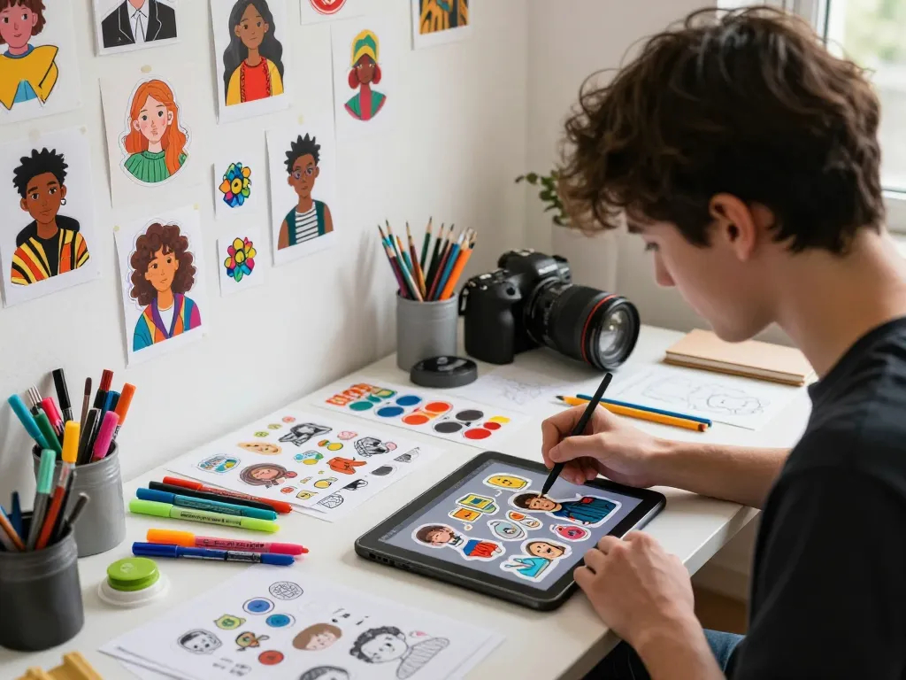 Design custom stickers in a bright creative workspace with colorful materials, showcasing sticker erstellen process.
