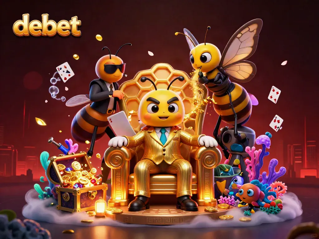 Engage with debet's 3D illustration featuring a bumblebee mob boss, wasp bodyguards, and casino game elements.