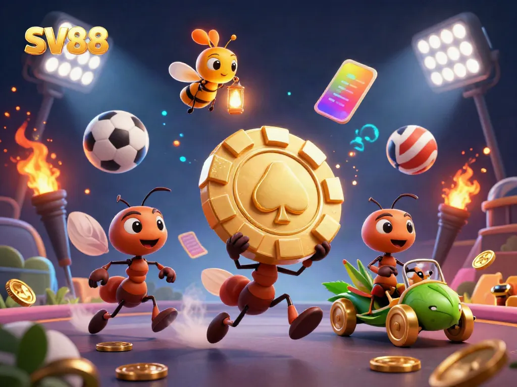SV88 ants heist with golden poker chip amidst dynamic sports elements in a vivid 3D rendering.