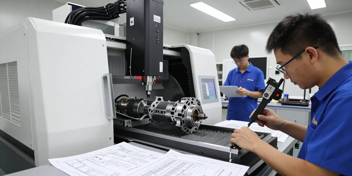 Präzisionstechnik Luft- und Raumfahrt in moderner CNC-Werkstatt mit Fachkräften bei der Arbeit.