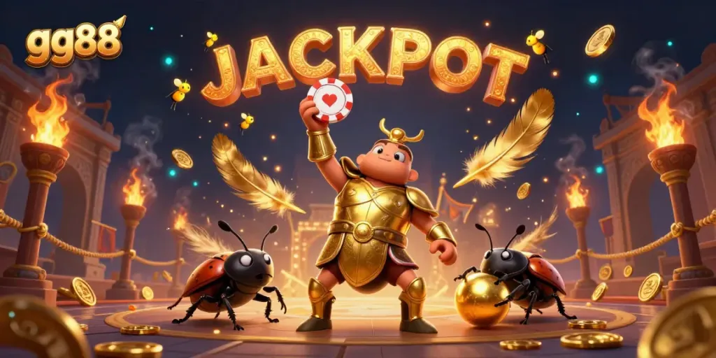 Experience the excitement of gg88 with a victorious beetle champion among dazzling casino-themed elements.