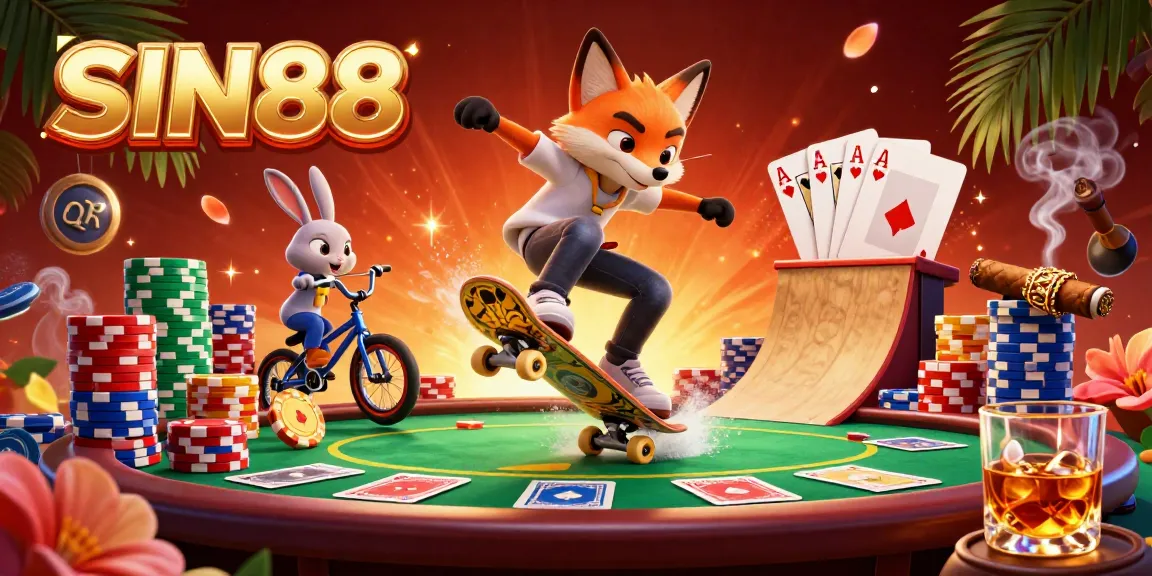 SIN88 showcases a thrilling scene with a fox and rabbit enjoying a dynamic gaming atmosphere filled with poker elements.