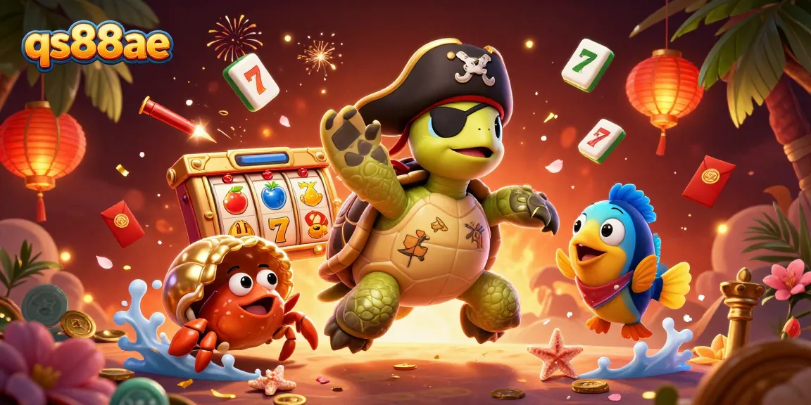 Experience exciting gameplay with qs88ae's vibrant slots featuring a pirate turtle and rich casino elements.