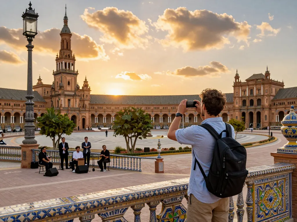Reisetipps Sevilla: Reisender, der bei Sonnenuntergang in der Nähe der Plaza de España die Essenz von Sevilla einfängt und in die lokale Kultur eintaucht.