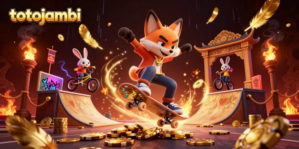 Join the thrill of totojambi as a skateboarder fox kicks off on golden poker chips amidst a vibrant casino backdrop.
