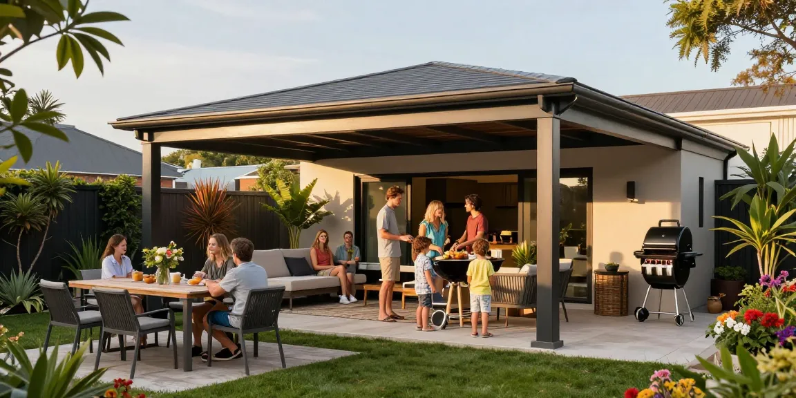 Freistehende Terrassenüberdachung mit Familie, die Grillparty im Garten genießt.