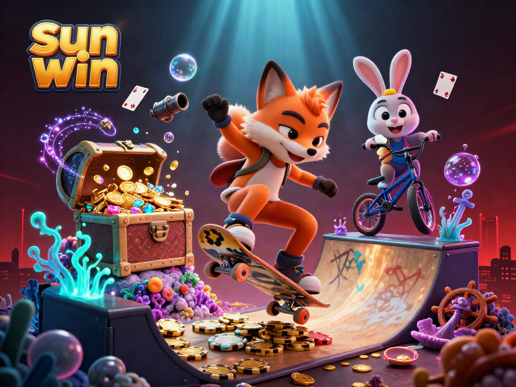 Experience the thrill of sun win with a vibrant 3D casino scene full of dynamic characters and rich gaming visuals.