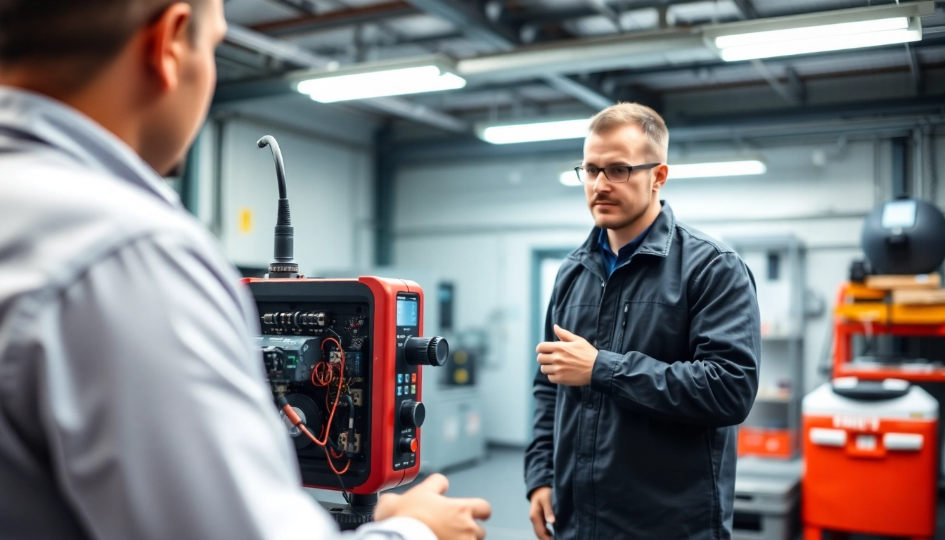 Techniker führt DGUV V3 Prüfung an elektrischem Gerät in modernem Arbeitsumfeld durch.