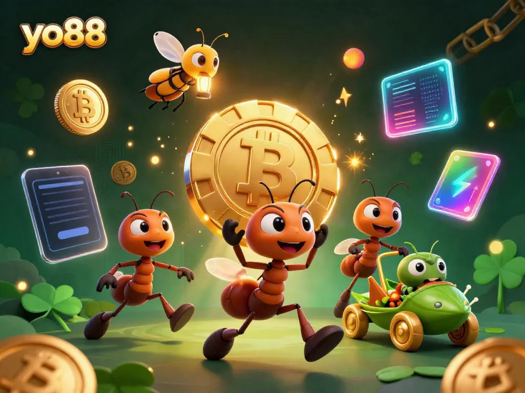 Experience the thrill with yo88 as ants heist a giant poker chip, layered in a vibrant 3D scene.