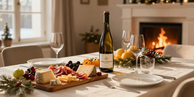 Festlich gedeckter Tisch mit Grand Marrenon Rotwein und saisonalen Leckereien in warmem Licht.